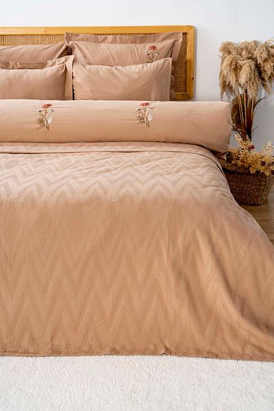 Rivaİstanbul Noris Camel Embroidered Double Duvet Cover Pique Set 100% Cotton - 7 Piece Dowry Set