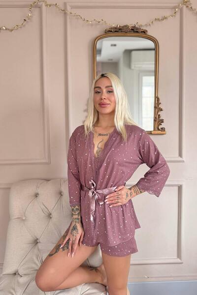 Pijamaevi Dark Pink Stars Patterned Bamboo Crop Women's Pajama Set with Dressing Shorts