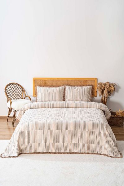 Rivaİstanbul Lia Beige Double Tasseled Bedspread Set 3 Piece Sleep & Dowry Set