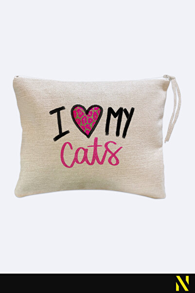 nilizma I Love You My Cats Patterned Linen Handbag