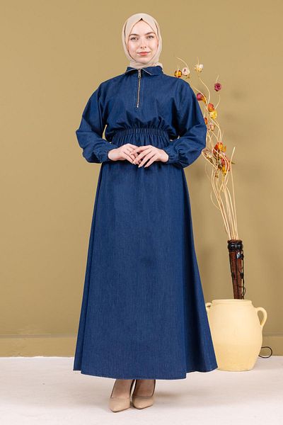 Modamihram Rochie din denim cu fermoar și talie elastică, albastru închis 19240