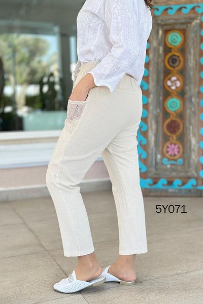 İnce Topuk Linen Trousers with Mesh Pockets 5Y071
