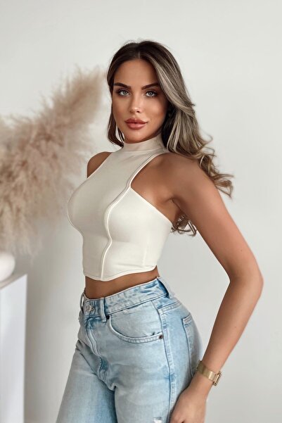 World Fashion Trends 1839 Μπεζ μπλούζα χωρίς μανίκια με φερμουάρ στην πλάτη