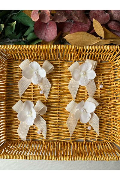 la minör Ready-Made Bow Linen Ribbon with Flower (Hydrangea) Pearl 20 Pieces