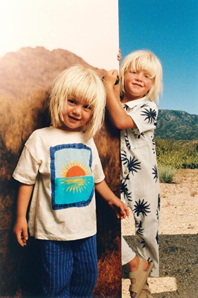 Magu Unisex Kids Sunset Printed Cream T-Shirt and Blue Striped Pants Set