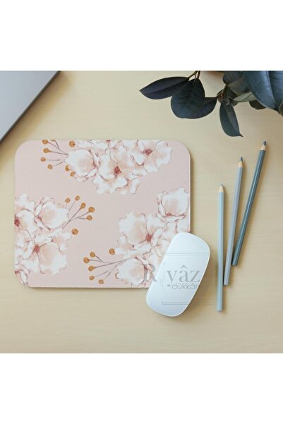 riyaz Pembe Suluboya Çiçekli - Dikdörtgen Mouse Pad, 17,5 cm x 19,50 cm