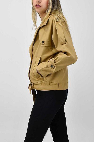birizmoda Short Trench Coat Double Breasted Belt and Epaulet Detail - Camel