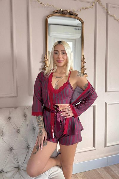 Pijamaevi Red Smoked Line Patterned Bamboo Crop Women's Pajama Set with Shorts