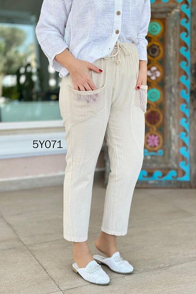 İnce Topuk Linen Trousers with Mesh Pockets 5Y071