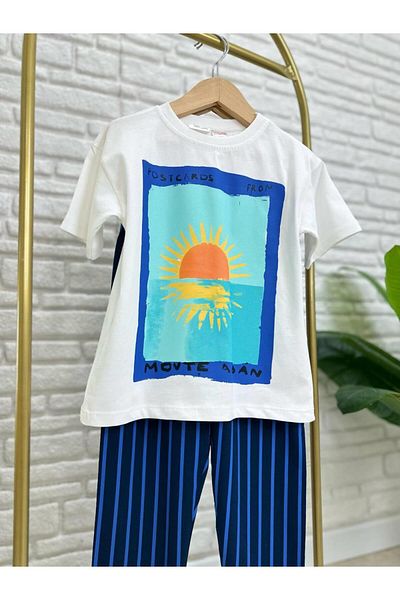 Magu Set de tricou crem cu imprimeu pentru apus de soare și pantaloni cu dungi albastre pentru copii unisex