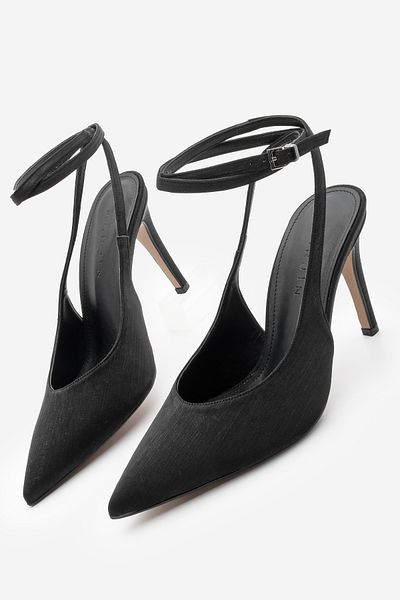 Marjin Damen-Stiletto-Schuhe mit spitzer Zehenpartie und Absatz – gestreift, offener Rücken, schwarzer Satin