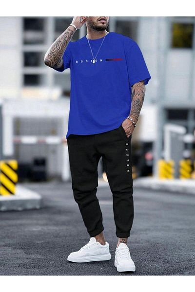 NO 601 Men's Blue Oversize Tshirt Black Summer Tracksuit Bottom Top Set