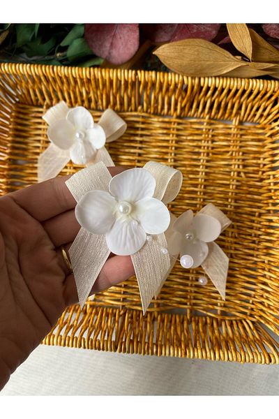 la minör Ready-Made Bow Linen Ribbon with Flower (Hydrangea) Pearl 20 Pieces