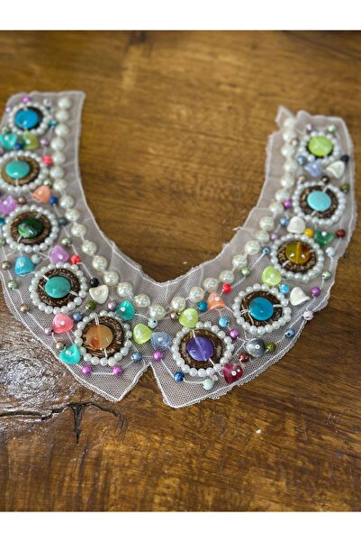 Gönülden Tasarım RENKLİ TAŞ BONCUK İŞLEME YAKA DİKİŞ GİYİM AKSESUARI 32X25 CM