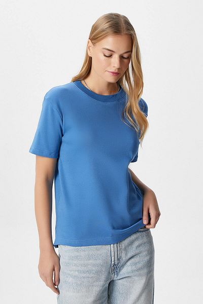 Ritnice Tricou albastru pentru femei Rise Decorative Guler Tok Texture 100% bumbac