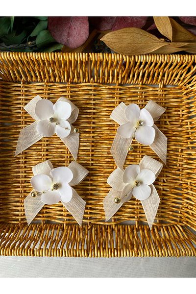 la minör Ready-Made Bow Linen Ribbon with Flower (Hydrangea) Gold Detail 20 Pieces