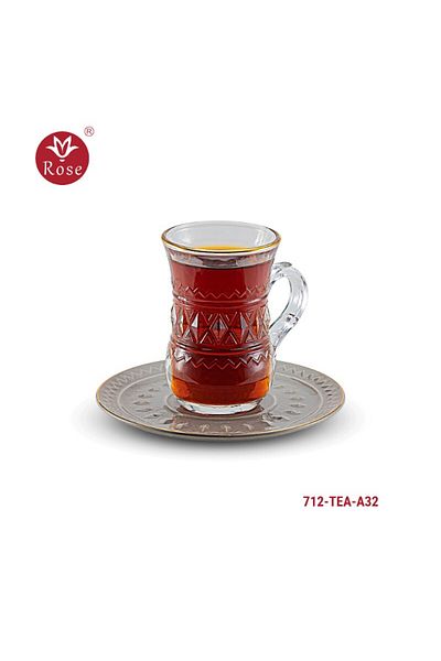 Rose CR-712-Tea set consisting of 6 transparent glass tea cups and 6 saucers made of ceramic with distinctive modern engravings