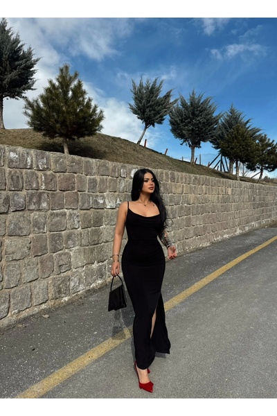 kırmızı butiks Μαύρο Φόρεμα με Τιράντες και Γιακά