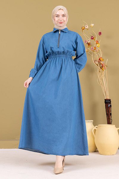 Modamihram Maybe Elastic Denim Dress - Zippered Light Blue 19240