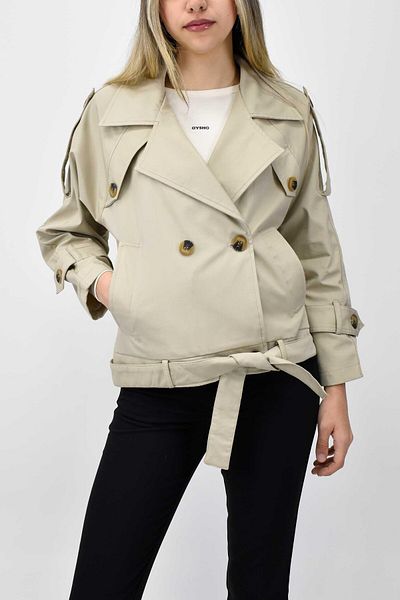 birizmoda Beige Trench Coat Double Breasted Belt and Epaulet