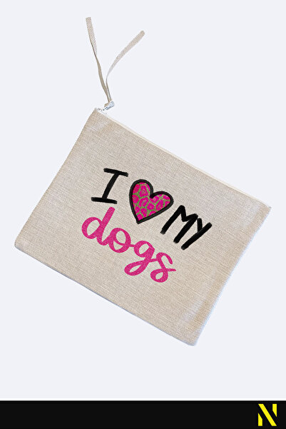 nilizma I Love You My Dogs Patterned Linen Handbag