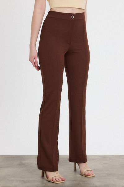 Rays Straight Cut Pants - High Waist Rib Stitching Knitted, Coffee Color