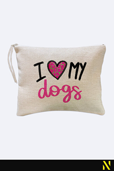 nilizma I Love You My Dogs Patterned Linen Handbag