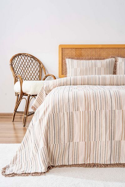 Rivaİstanbul Lia Beige Double Tasseled Bedspread Set 3 Piece Sleep & Dowry Set