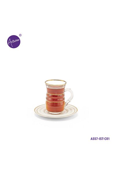 ARTIVIRA AS57-Tea set consisting of 6 clear glass tea cups and 6 saucers made of ceramic with distinctive modern engravings