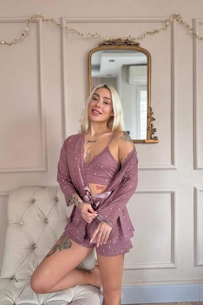 Pijamaevi Dark Pink Stars Patterned Bamboo Crop Women's Pajama Set with Dressing Shorts