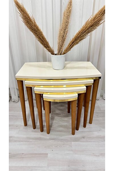 Dekor Krem rengi ceviz ayaklı ve gold şeritli 4’lü Sehpa