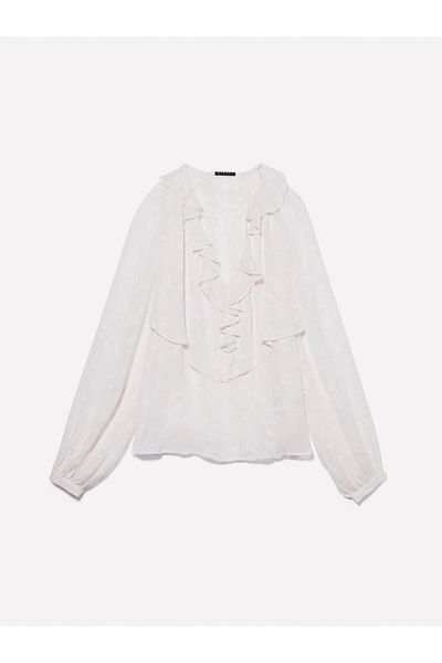 Sisley Γυναικεία Κρέμα Mix 100% Ιξώδες βολάν Λεπτομερής άνετη μπλούζα με λαιμόκοψη V