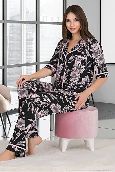 Viselya Set de pijamale din 3 piese cu nasturi negru roz