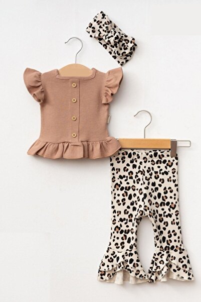 Cantoy Kız Bebek Leopar Desenli Kolları Volanlı Bandanalı 3'lü Takım