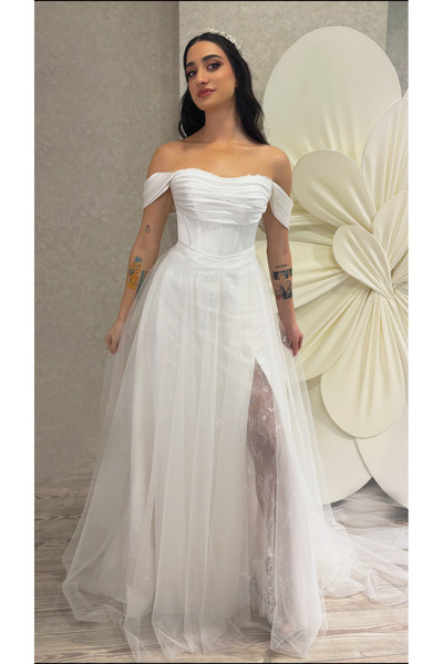 Gold Moda Wedding MACY | Saten Yırtmaçlı Gelinlik