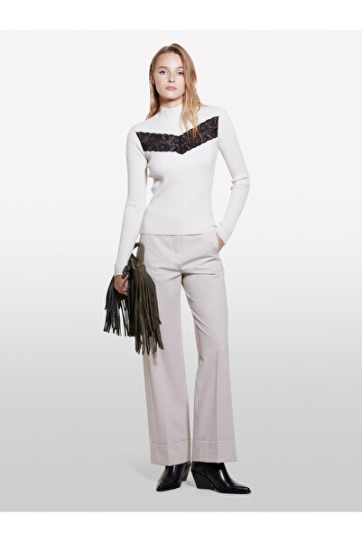 Sisley Pulover slim-fit pentru femei, bej, amestecat de lână, cu detaliu din dantelă în față