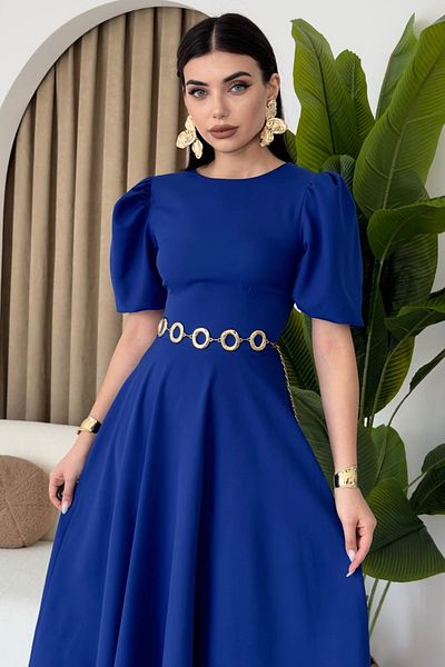 WOMAN VISION Rochie de seară albastră Saks, cu decolteu rotund, cu mâneci prințesă, lungime midi, tăiată evazată, 220