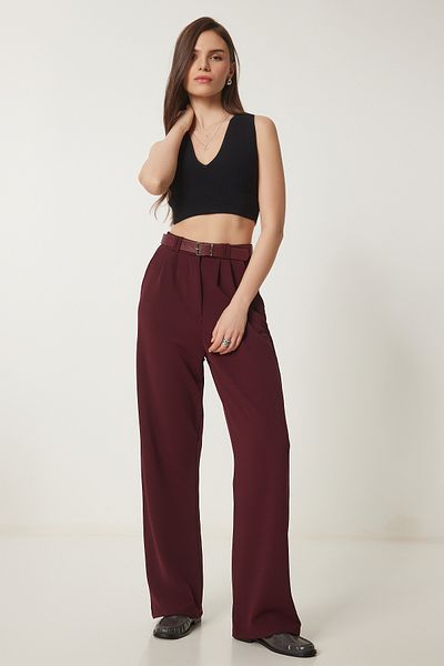 Lovelyİstanbul Comfortable Belt Palazzo Knitted Trousers Bordo Lrv0093