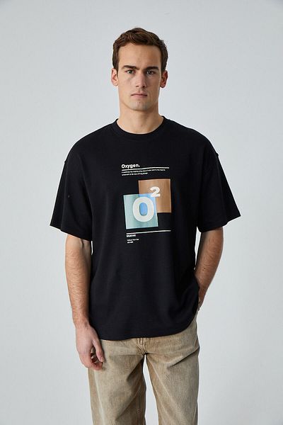 GRIMELANGE Prısmatıc Men's Black Oversize Crew Neck Printed T-shirt