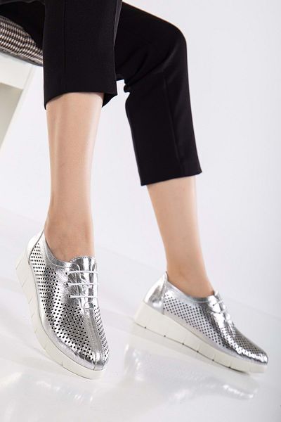 ANALİN SHOES Pantofi confortabili de zi cu zi cu șireturi cu laser din piele naturală de damă - argintiu