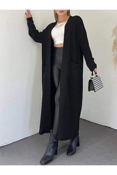 Modamorfo Skirt End Knitted Pattern Double Pocket Long Knitwear Cardigan - Black