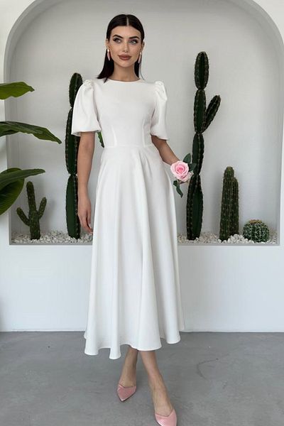 WOMAN VISION Rochie de seară albă, cu decolteu rotund, cu mâneci prințesă, cu lungime midi, tăiată evazată, albă, 220