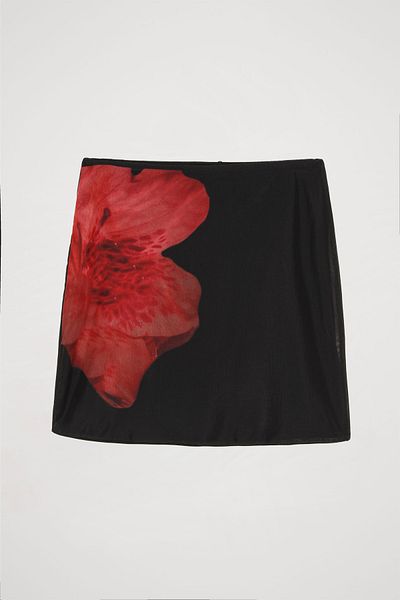 Quzu Black Mini Skirt - Big Rose Pattern