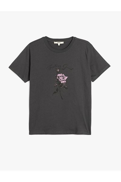 Koton Short Sleeve Crew Neck Cotton Printed Anthracite Women's T-Shirt 5Sak50137Ek