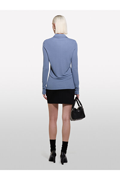 Sisley Cămașă din jerseu cu guler ascuțit, 100% vâscos, albastru fier pentru femei