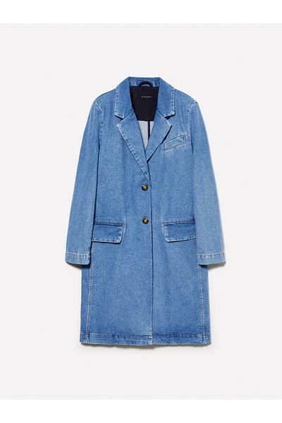 Sisley Palton de damă din denim albastru deschis din bumbac și amestec de liosel, cu buzunare, cu doi nasturi