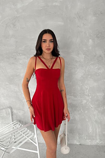 Deafox Kırmızı Askılı Eteği Kloş Sandy Kumaş Elbise