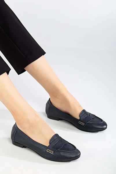 ANALİN SHOES Navy Blue Women's Genuine Leather Saddled Comfortable Ballerinas