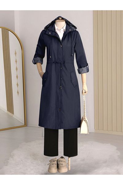 Modamorfo Lined Striped Trench Coat -Navy