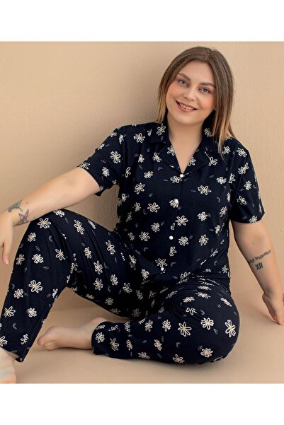 MOJADON Navy Blue 100% Cotton Floral Curve Large Size Oversize Pajama Set